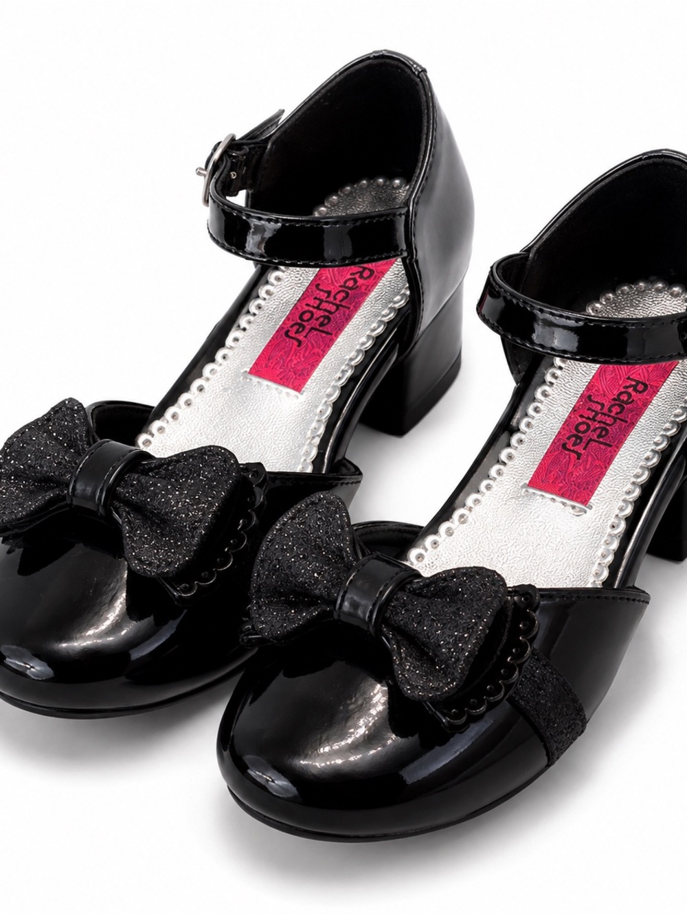 Rachel Shoes Girls Black Patent Glitter Bow Mary Jane Heels Size 8